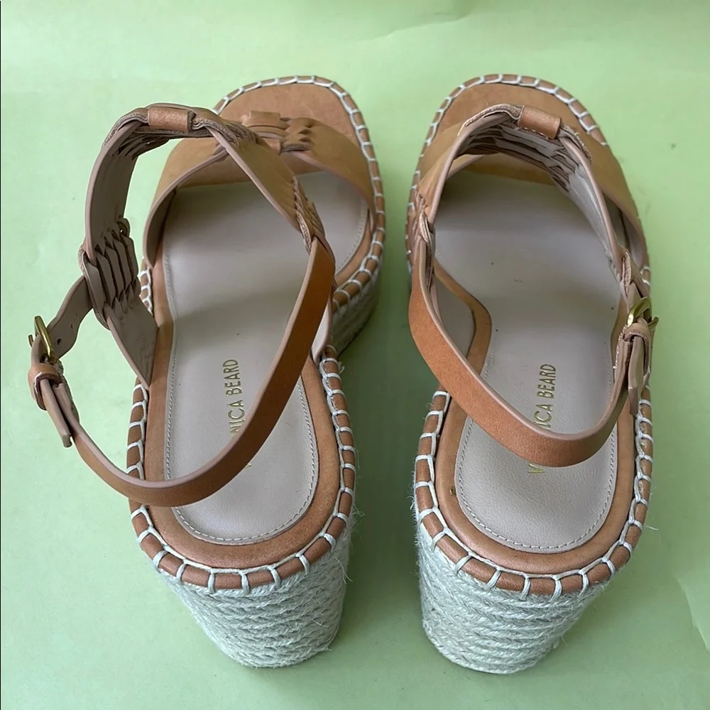 New Caramel Veronica Beard Espadrille Wedge Shoes with Leather Braided Trim